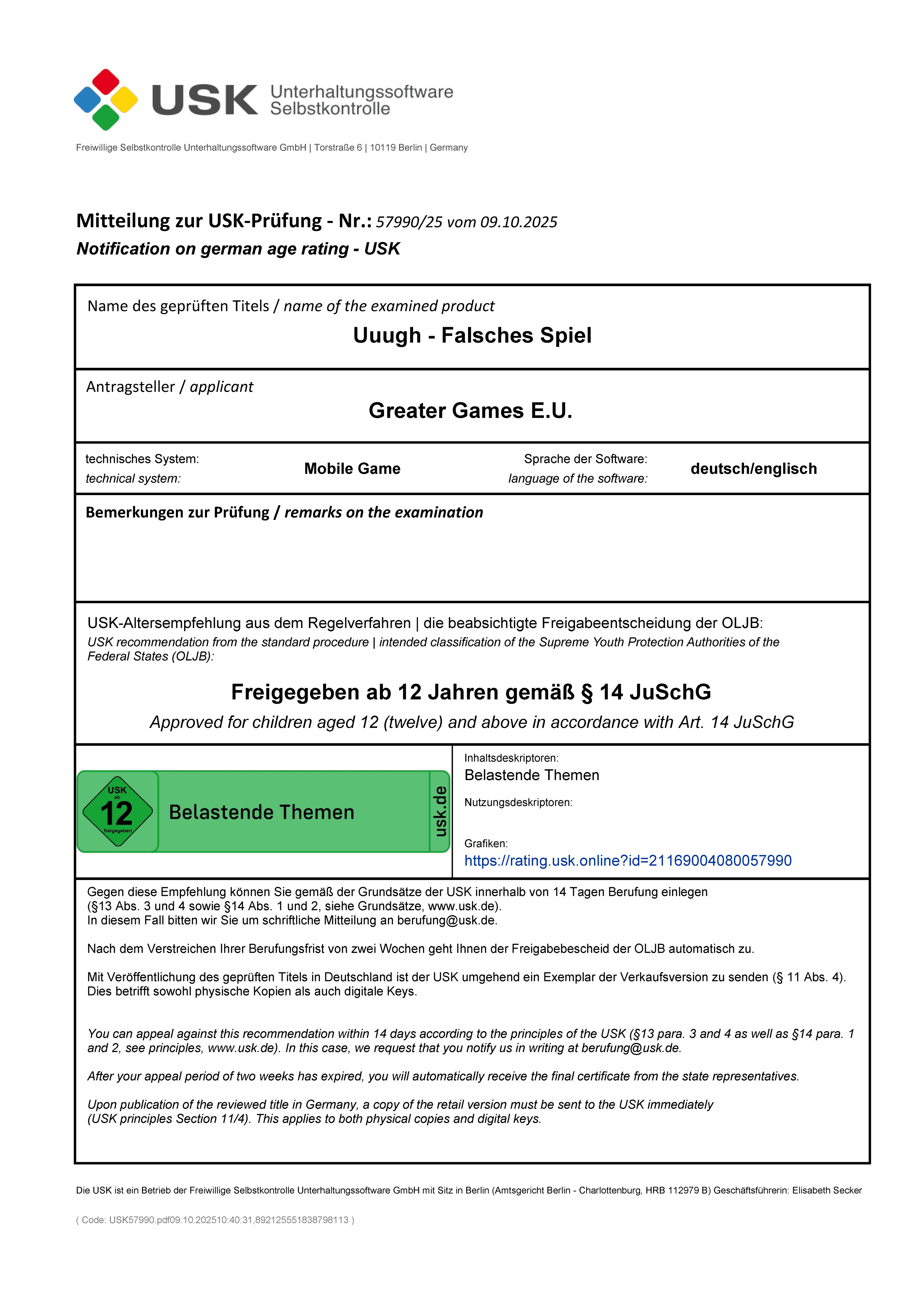 Freigegeben ab 12 Jahren gemäß § 14 JuSchG